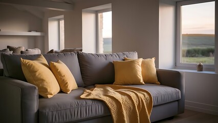 Yellow pillows and blanket on grey sofa in modern living room in