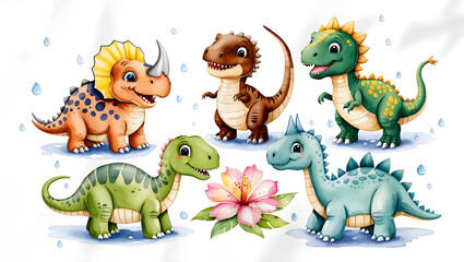 Naklejka premium Vibrant watercolor illustration of six adorable baby dinosaurs, each with unique skin patterns and textures, playing together in a joyful scene on a crisp white background, generative ai