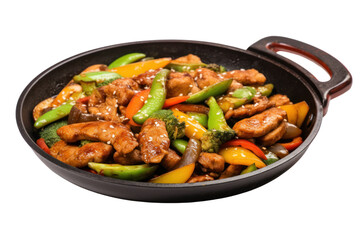 sizzling pork stir-fry, with tender pieces of pork, colorful vegetables, and a flavorful sauce, on a white background.