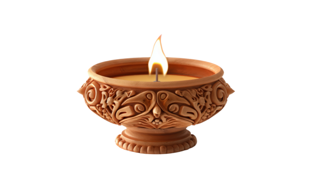 A beautifully crafted clay oil lamp with intricate carvings isolated on transparent background