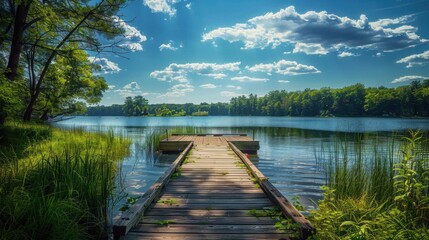 Dock Overlooking Lake in Ludington State Park, Michigan. Summer Vacation at Ludington, Northern America