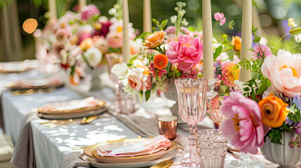 summer  crystal glass ,gold dishes and gobbles  wedding party  table set up, gold, light, tree, pink and orange flowers ,xmas lights on chandelier, decorations new year sit down afternoon  party 