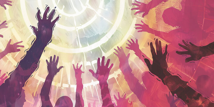 The Democratic Dance: A diverse group of people in a circle, hands raised in unity as they cast their votes