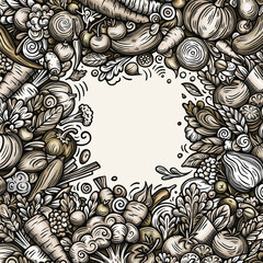 Vegetables cartoon vector doodles frame. Veggies border design