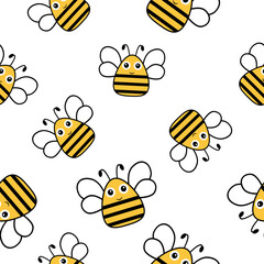 Flying bees seamless pattern. Happy honeybees. Vector illustration.