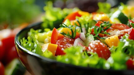 A close-up of a fresh salad with vegetables.