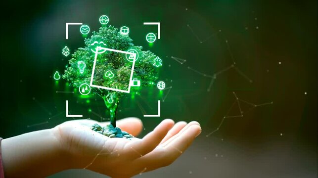 Hand Holding Tree with Digital Eco Icons. Seamless looping time-lapse 4k video animation background