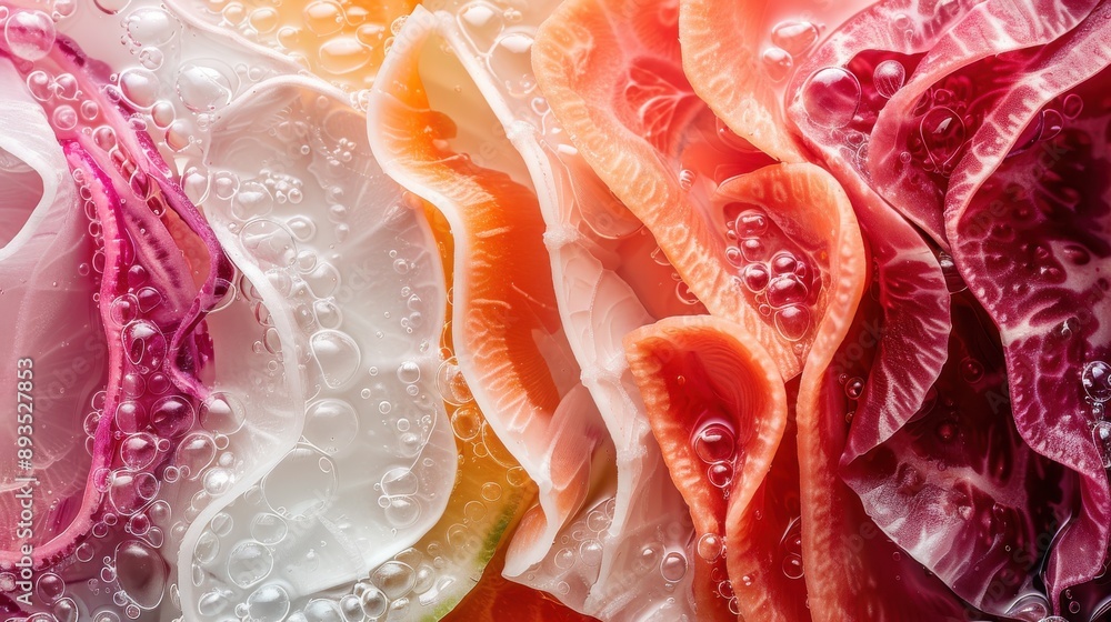 Poster a beautiful arrangement of colorful vegetable slices submerged in water, creating layers with bubble