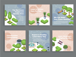 Lawn care garden construction landscaping social media post design template set isometric vector