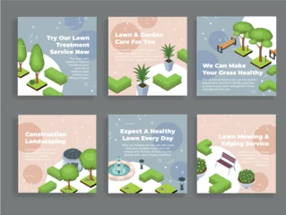 Fototapeten Grau Lawn care garden construction landscaping social media post design template set isometric vector  © Vikivector