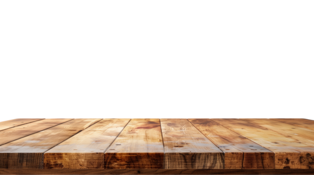Wooden table top for product display isolated on transparent background