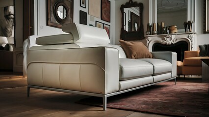 Living room detail with a white leather sofa