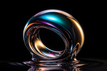 Futuristic liquid metal 3D loop reflecting rainbow hues isolated on black