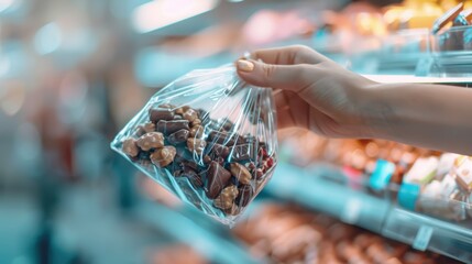 A close-up image of a hand holding a clear plastic bag filled with assorted chocolates, in a well-lit store setting, inviting indulgence and showcasing variety.