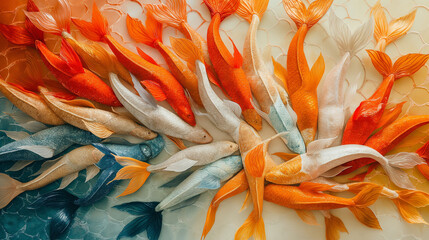 A telephoto angle photo of synchronized swimmers forming a fish scale pattern, with their bodies overlapping slightly to create the illusion of scales, with copy space