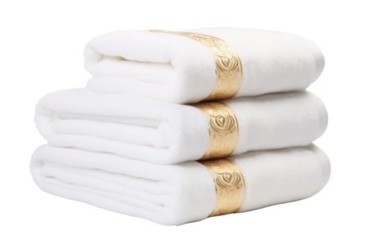 set of plush white bath towels with a thick pile and elegant embroidery, isolated on white background
