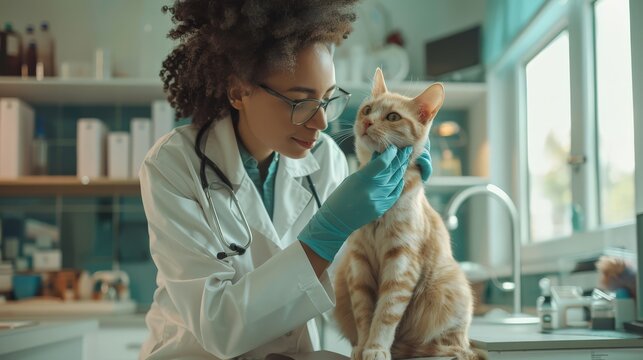 African American veterinarian in gloves examining an orange tabby cat in a modern clinic. Veterinary care and pet health concept.