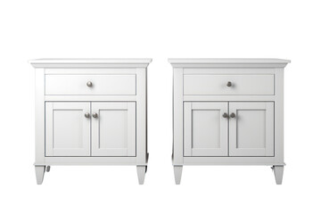 set of elegant white nightstands with clean lines and ample storage space, isolated on white background