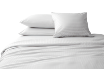 set of crisp white bed sheets with a subtle pinstripe pattern, isolated on white background