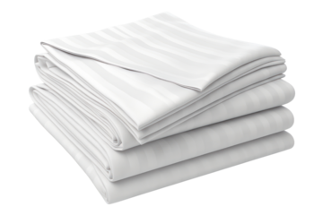 set of crisp white bed sheets with a subtle pinstripe pattern, isolated on white background