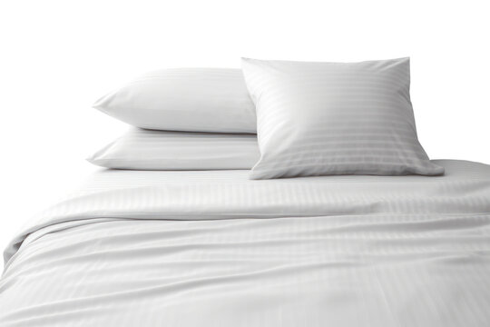 set of crisp white bed sheets with a subtle pinstripe pattern, isolated on white background