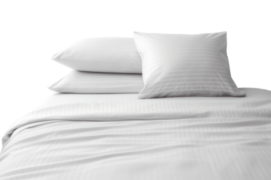 set of crisp white bed sheets with a subtle pinstripe pattern, isolated on white background