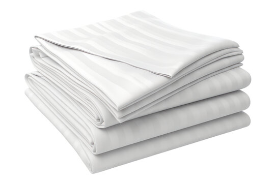 set of crisp white bed sheets with a subtle pinstripe pattern, isolated on white background