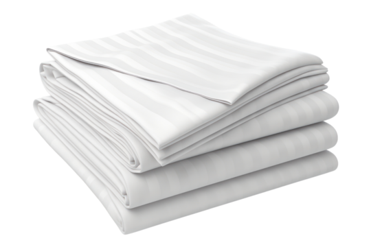 set of crisp white bed sheets with a subtle pinstripe pattern, isolated on white background