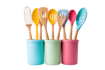 set of colorful silicone kitchen utensils, including spatulas, tongs, and measuring cups. Isolated on white background