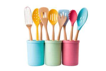 set of colorful silicone kitchen utensils, including spatulas, tongs, and measuring cups. Isolated on white background