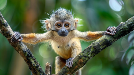 Fototapeta premium Image of a young, beautiful, brown-furred monkey with a happy expression, standing on a tree branch in the jungle.