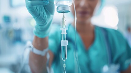 A medical professional in a clinical setting holding an intravenous drip, ensuring proper medical care and attention to patient needs, highlighting healthcare procedures and dedication.