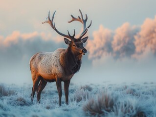 Majestic Elk Standing Amidst Frosty Meadow at Sunrise with Breath Visible