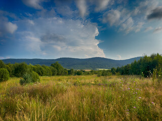 The landscape of Carpathian Mountains in the cloudy weather. Perfect weather condition in the summer season