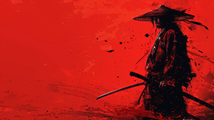 Drawing of Japanese Samurai on Red Background