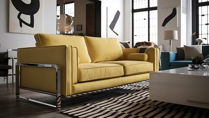 Modern yellow sofa in a fresh living room