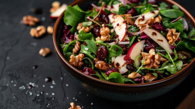 A vibrant and nutritious salad featuring fresh spinach, apple slices, walnuts, and dried berries, offering a delicious blend of textures and flavors for a healthy meal.