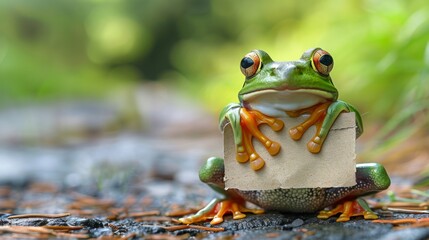Adorable frog holding a tiny sign on a rainy day
