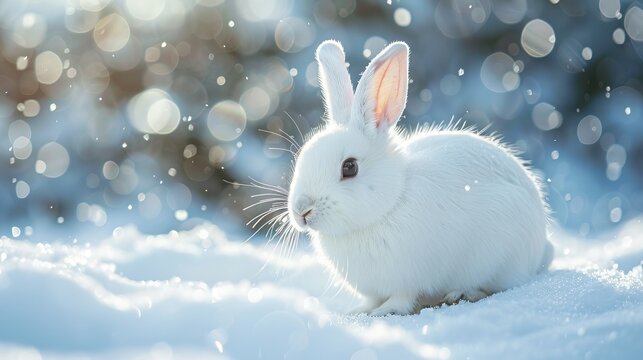 White rabbit in the snow on a winter day