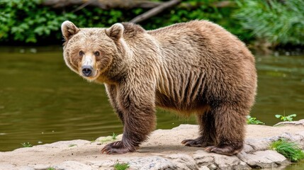 Obraz premium A large brown bear walks through the grass towards a pond