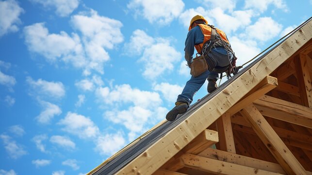 Determined male roofer in safety gear working on a new house, showcasing craftsmanship in a sunny suburban setting, emphasizing home construction and safety.