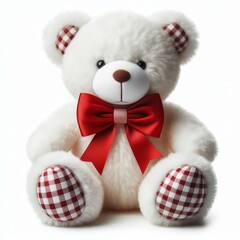 25 11. A plush white teddy bear with a red bow tie, isolated on