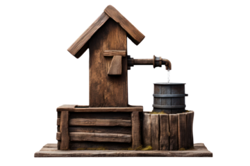 rustic wooden water pump, reminiscent of a bygone era, isolated on a white background, evoking a sense of nostalgia.