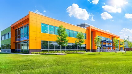 Obraz premium Sunny Day Exterior View of Public School Building - Educational Architecture and Community Concept