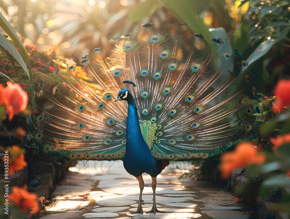 Poster elegant peacock displaying iridescent feathers in a lush and colorful garden scene