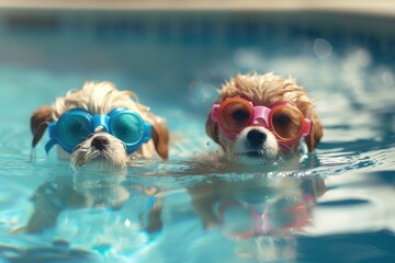 dog with sunglasses swimming in swimming pool