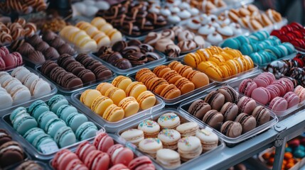 Colorful French macarons on display at a bakery shop. Assorted macarons lined up in trays showcase the attractive and delicious variety of these popular desserts.