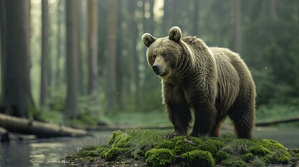 Fototapeta premium A large brown bear walks through the grass towards a pond