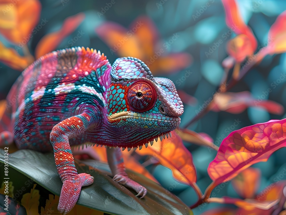 Sticker Vibrant Chameleon Blending into Colorful Rainforest Background Showcasing Changing Hues