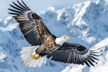 Obraz premium Fierce Eagle Soaring Above Majestic Mountain Range with Intense Focus